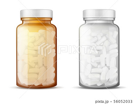 Glass bottles with pills realistic vector mock-up 56052033