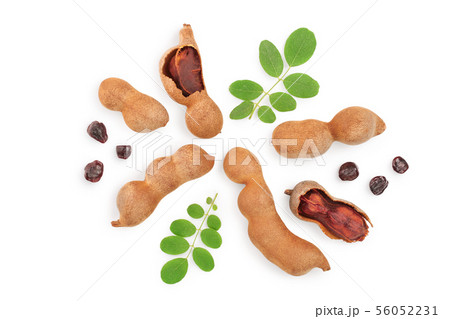 Tamarind fruit with leaf and seed isolated on white background, Top view. Flat lay 56052231