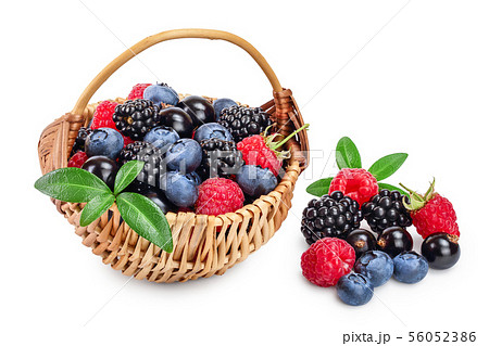 mix of blackberry blueberry raspberry black currant with leaf in wicker basket isolated on white 56052386