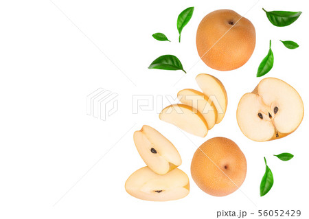 Fresh asian pear with leaves isolated on white background with copy space for your text. Top view. 56052429
