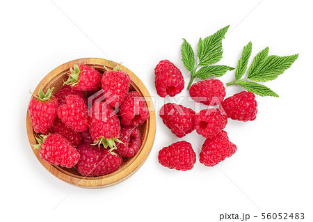 raspberries in wooden bowl with leaves isolated on white background. Top view. Flat lay 56052483
