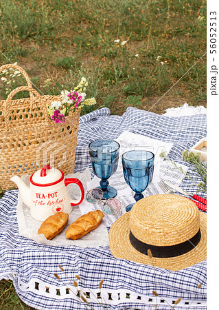 Stylish picnic on the green lawn. Fresh croissants 56052513