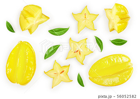 Carambola or star-fruit with leaf isolated on white background. Top view. Flat lay 56052582