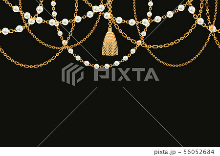 Background with golden metallic necklace. Tassel, pearls and chains. On black. Vector illustration 56052684
