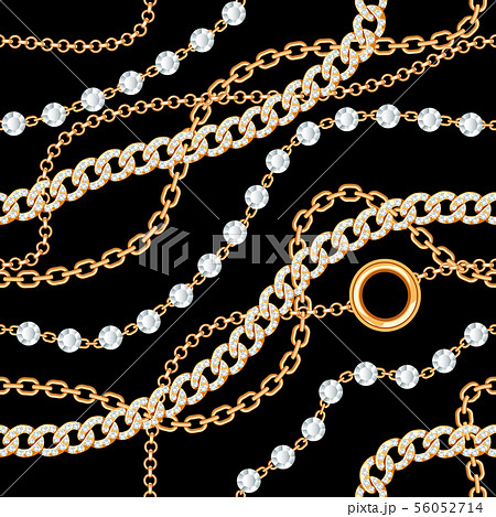 Seamless pattern background with gemstones and chains golden metallic necklace. On black. Vector 56052714