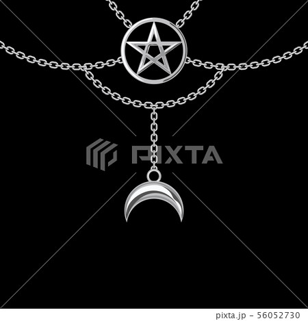 Background with silver metallic necklace. Pentagram pendant and chains. On black. Vector 56052730