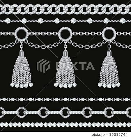 Set collection of silver metallic chain borders with gemstones and tassels. On black. Vector Set collection of silver metallic chain borders with gemstones and tassels. On black. Vector 56052744