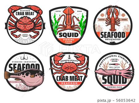 Seafood fishing badges, fisherman club icons 56053642
