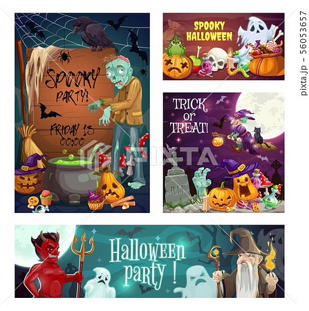 Halloween ghosts, witch, pumpkins and candies 56053657