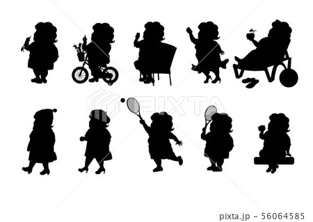 Set - a fat woman in different situations. Black silhouette 56064585