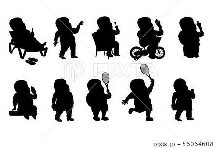 Set - a fat man in different situations. Black silhouette 56064608
