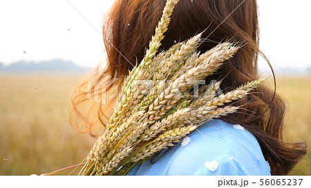 in outdoor girl brushes off flying insects midges mosquitoes.a lot of insects, hot summer day 56065237