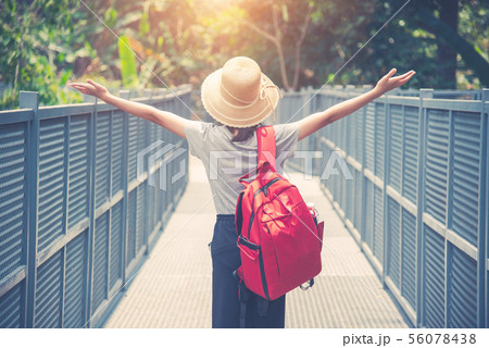 traveling backpacker walking on Canopy walkway at 56078438