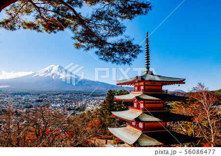 Red Chureito Pagoda and Snow covered Mount Fuji Red Chureito Pagoda and Snow covered Mount Fuji 56086477