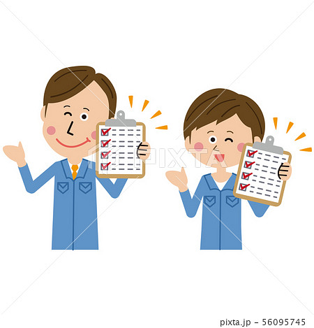 ポップな青い制服の作業員の男女 チェックリスト ポップな青い制服の作業員の男女 チェックリスト 56095745