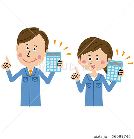 ポップな青い制服の作業員の男女　電卓 56095746