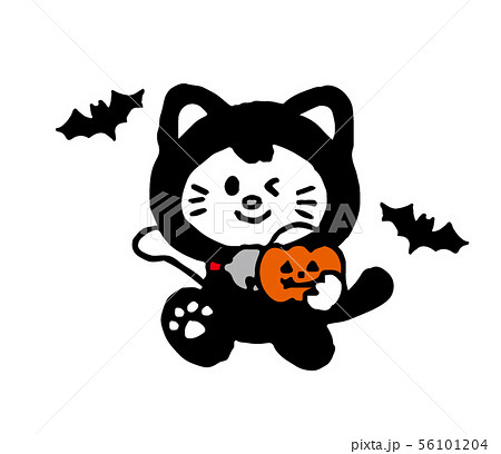 黒猫の仮装とコウモリ シンプル のイラスト素材
