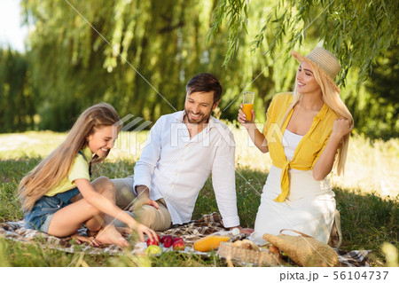Happy parents picnicking with their cute daughter 56104737