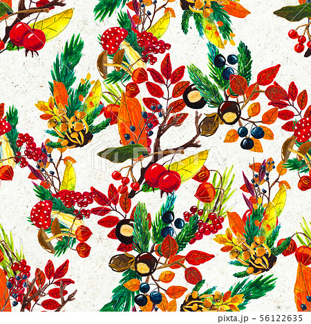 Autumn watercolor hand drawn seamless pattern with leaves mushrooms and pine cones 56122635