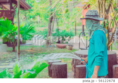 Senior man watering plants with hose and working 56122678