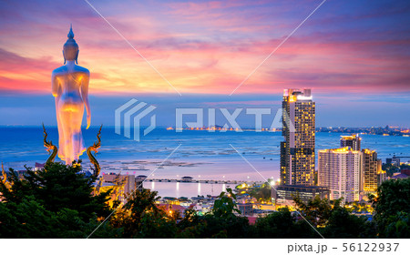 Panorama of top view of Sriracha city and Buddha 56122937
