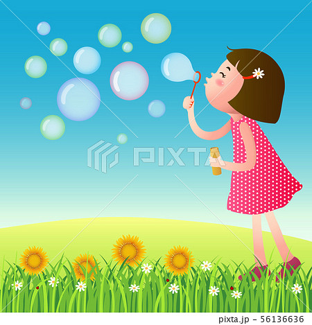 Cute girl blowing bubbles on the lawn Cute girl blowing bubbles on the lawn 56136636