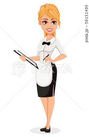 Happy blonde waitress. Cheerful cartoon character Happy blonde waitress. Cheerful cartoon character 56151495