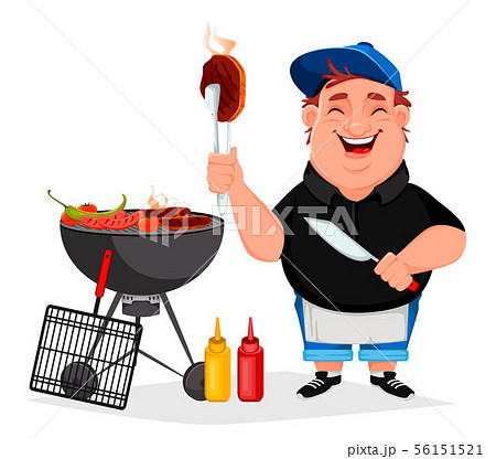 BBQ. Young cheerful man cooks grilled food BBQ. Young cheerful man cooks grilled food 56151521