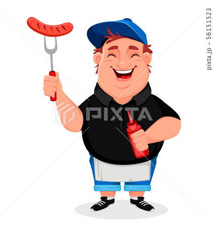 BBQ. Young cheerful man cooks grilled sausages BBQ. Young cheerful man cooks grilled sausages 56151523