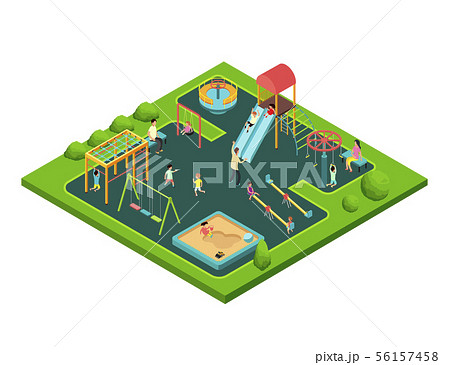 Children playing with parents on kids playground with game equipment. Isometric cartoon vector with 56157458