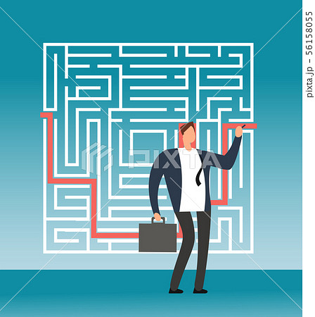 Businessman drawing right path to success in complex maze, labyrinth. Simple solution creative 56158055