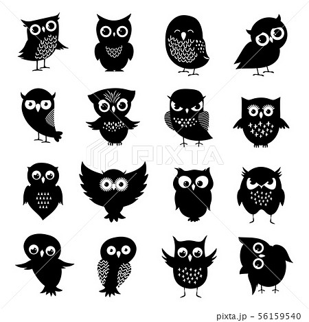 Black And White Owl Silhouettes Setのイラスト素材