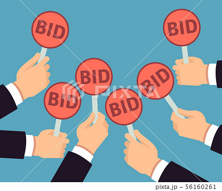 Bidder hands holding auction paddle. Buyer business vector concept 56160261