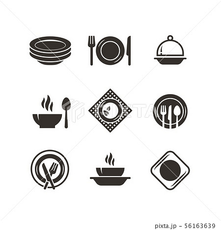 Kitchen plates and cutlery black silhouette icons. Chef and cooking emblems. Restaurant vector 56163639