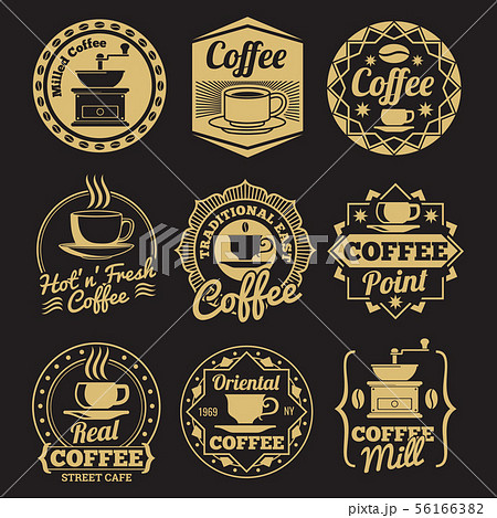 Gold coffee shop labels on black backdrop 56166382
