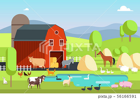 Ranch house, farm building and agricultural animals in rural landscape. Eco farm vector flat 56166591