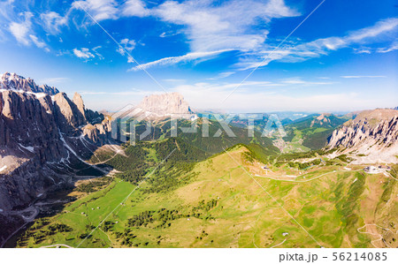 Aerial top view from drone to Col Raiser plateau In sunny summer Day. Scenery of rugged Sella 56214085