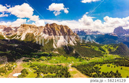 Aerial top view from drone to Col Raiser plateau In sunny summer Day. Scenery of rugged Sella Aerial top view from drone to Col Raiser plateau In sunny summer Day. Scenery of rugged Sella 56214129