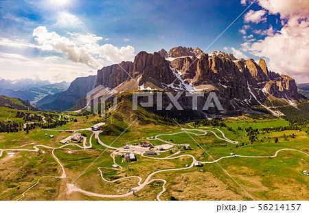 Aerial top view from drone to wonderful alpine landscape and meadows at Pass Gardena with majestic 56214157
