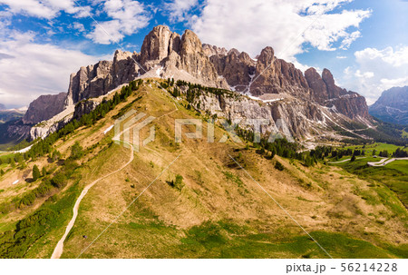 Dolomites - Beautiful panoramic sunset landscape at Gardena Pass, Passo Giau, near Ortisei. Stunning 56214228