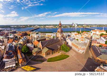 Beautifull aerial panoramic view from drone In sunny summer Day to histirical center Riga and quay 56214537