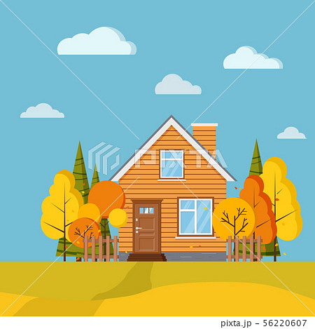 Autumn scenic field landscape background with yellow and orange trees, spruces, fences, rural 56220607