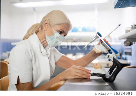Dentist looking closely at cast model of patients teeth. 56224991