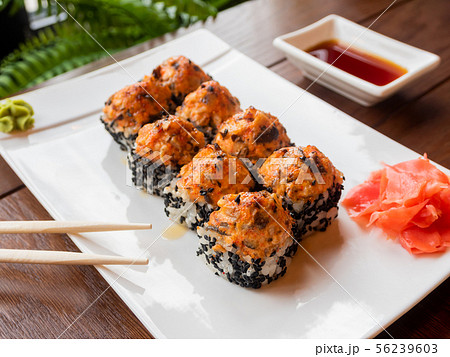 Rolls with eel, shiitake mushrooms, black sesame, Rolls with eel, shiitake mushrooms, black sesame, 56239603