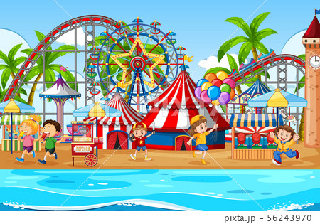 An outdoor funfair scene with happy kids An outdoor funfair scene with happy kids 56243970