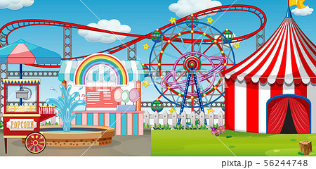 An outdoor funfair scene with roller coaster An outdoor funfair scene with roller coaster 56244748