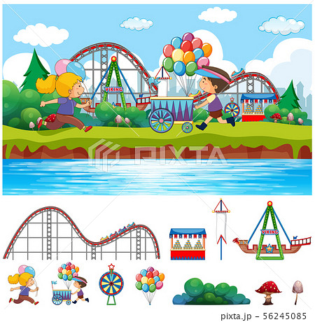 Scene background design with kids in circus park Scene background design with kids in circus park 56245085