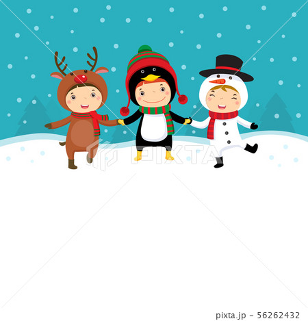 Happy kids in Christmas costumes playing with snow 56262432