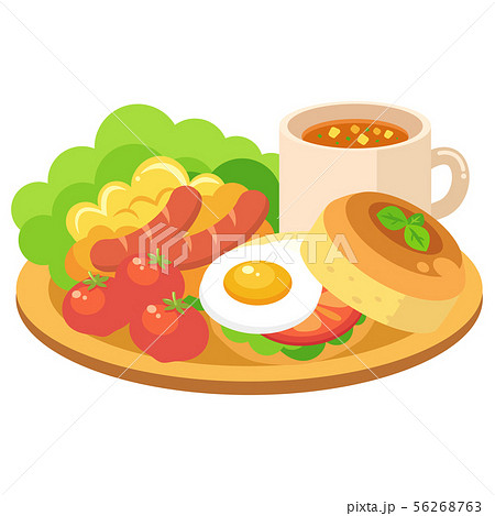 モーニングプレート サラダ スクランブルエッグ ウインナー トマト 卵 パンの朝食セット のイラストのイラスト素材