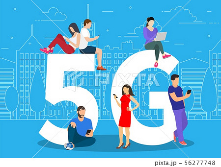 People with gadgets sitting on the big 5G symbol. 56277748